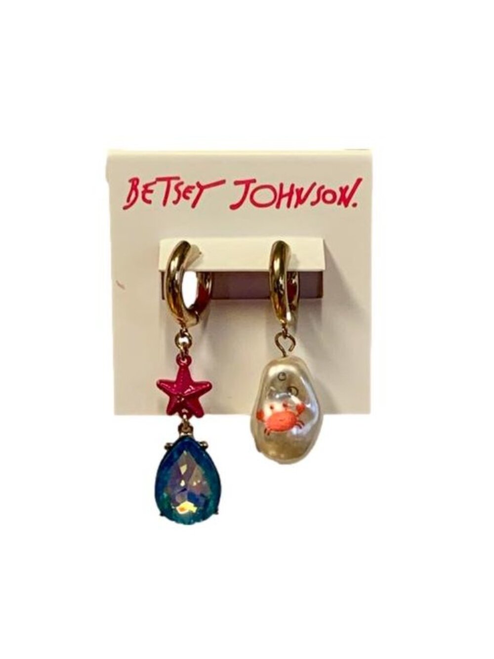 Betsey Johnson Beach Crab & Pearl Huggie Mismatch Drop Earrings